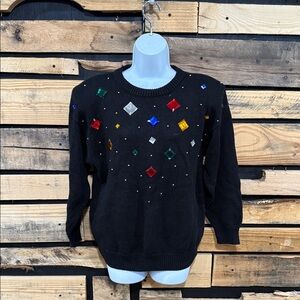 VTG Anytime Glitz 90s Y2K Black Knit Sweater Jewel Rhinestones Size Medium